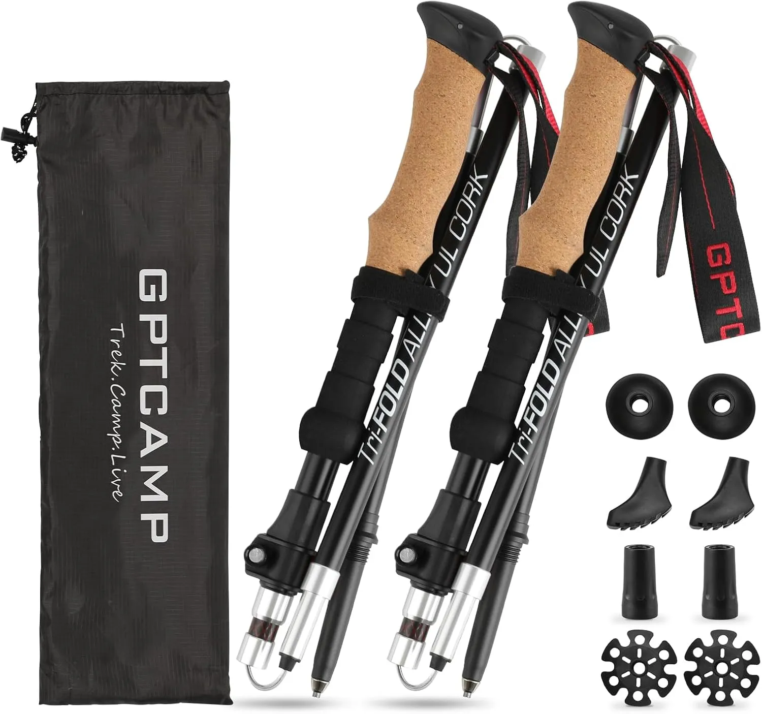 GPTCAMP Nordic Walking Stick, TPZ-1, 2pc Folding Collapsible Hiking Poles with Metal Quick Lock, Cork Handle, Lightweight 7075 Aluminum Trekking Poles for Seniors Women Men Hiking Gear