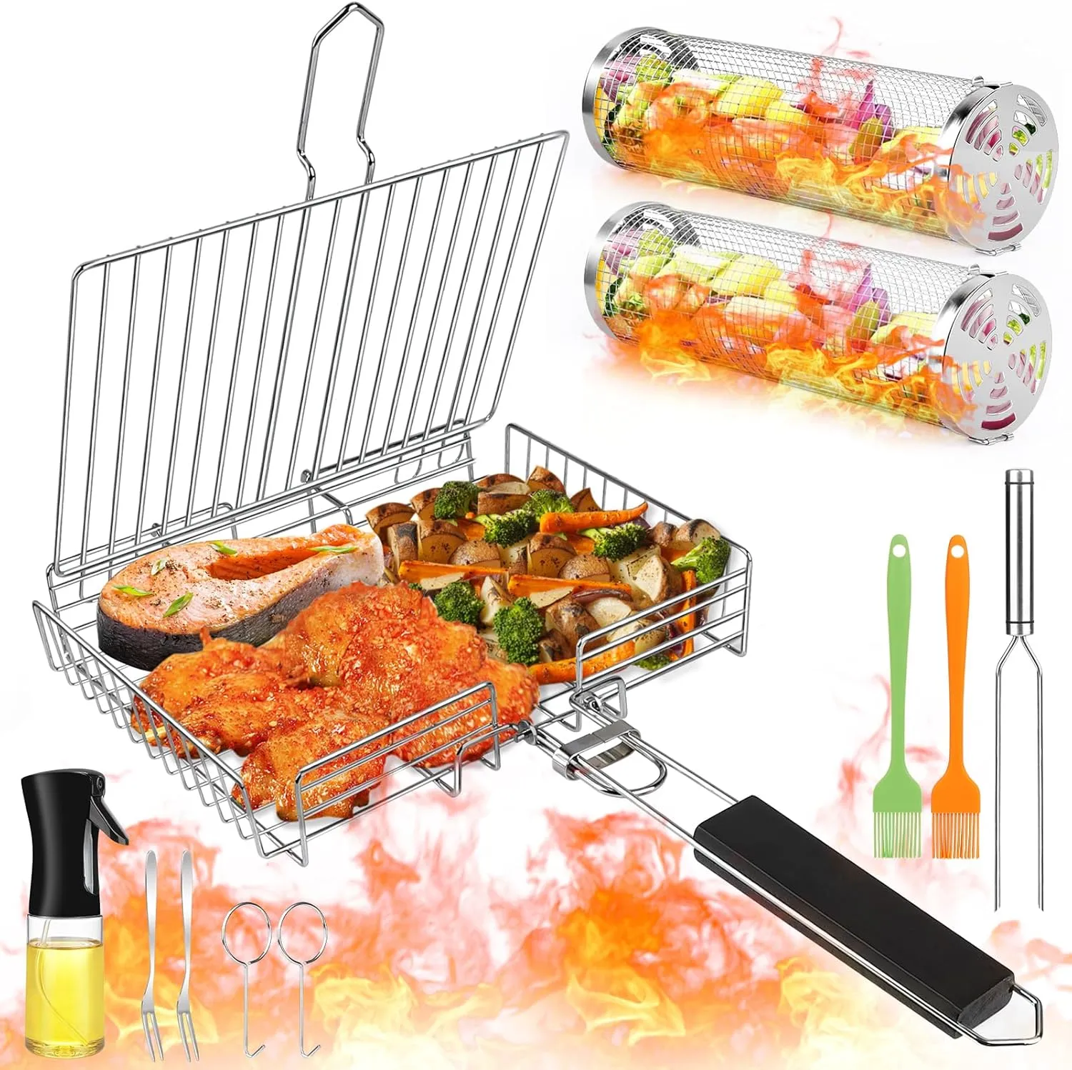 Grill Basket,11pcs Rolling Grill Baskets For Outdoor Grill With Barbeque Grilling Accessories,Stainless Steel Barbecue Folding Grill Basket With Handle,Brush,Portable Bbq Camping For Fish,Shrimp,Vegetables,Christmas Birthday Gifts For Men Dad