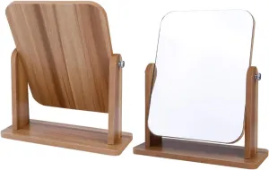 Happyyami Portable Desktop Makeup Mirror Wooden Square Mirror Stylish Vanity for Home Salon Use