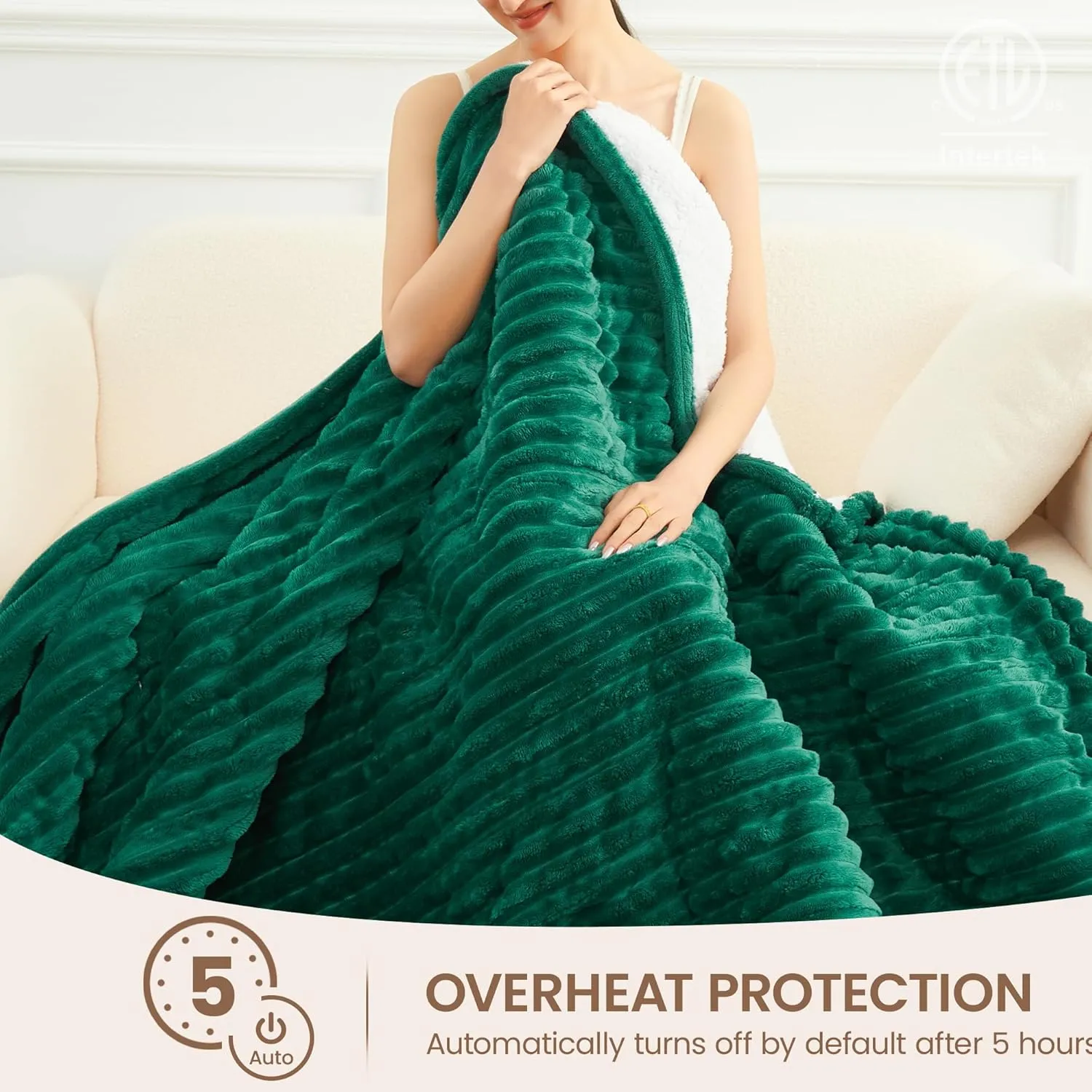 Heated Blanket Electric Throw - Reversible Heating Blanket Flannel Sherpa Throw with 12 Time Setting, 5 Heat Level, 4 hrs Auto-Off with Electric ETL Certification (Green, 50"×60")