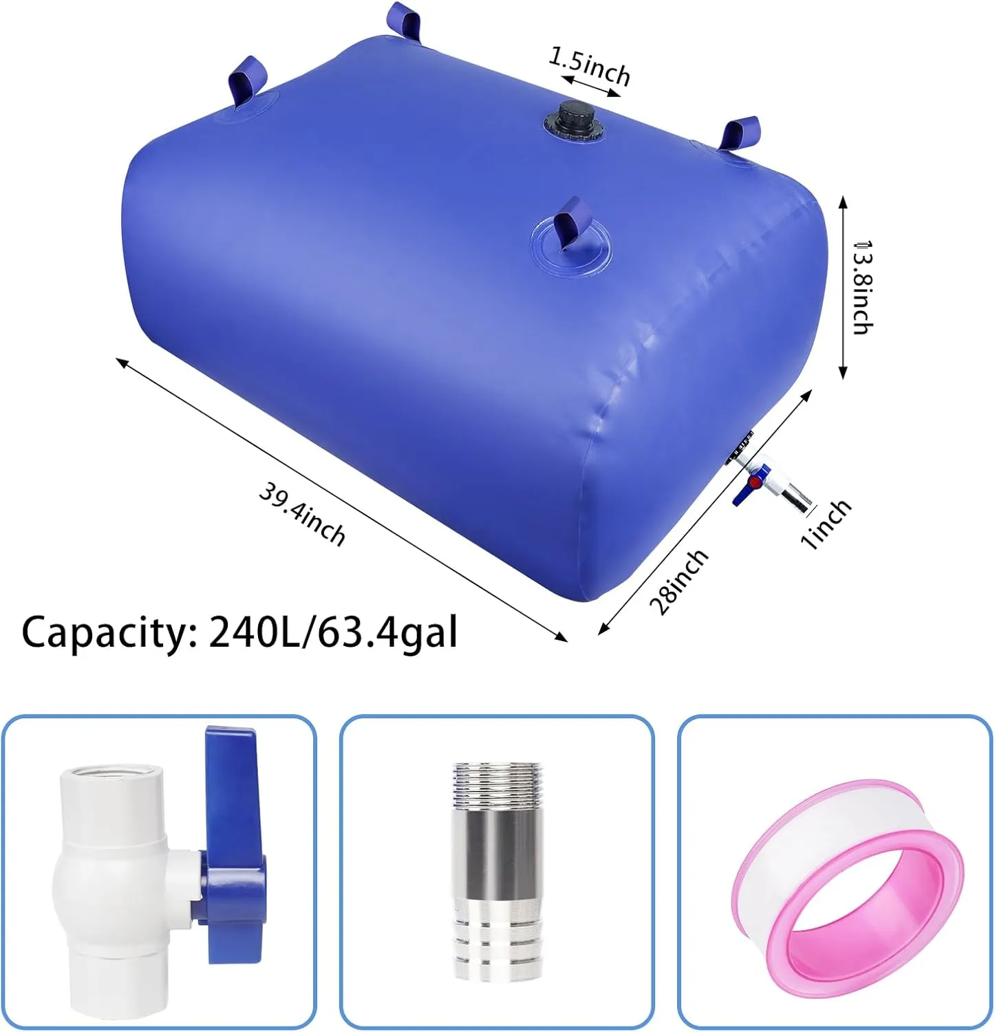 Heavy-Duty Water Storage Bladder - 63.4Gal/240L with Stainless Steel Fittings, Leak-Proof & Durable Cistern – Portable Tank for Emergency, Farming, Camping, and RV Use