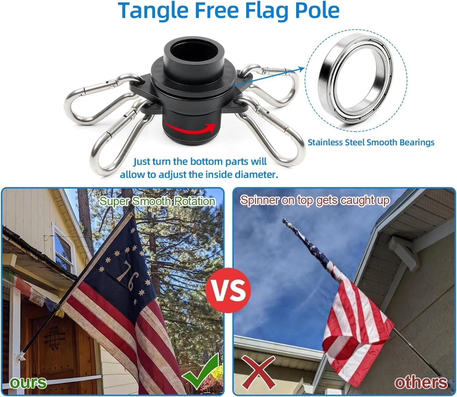 HIBLE Black Flag Pole 6 FT Carbon Fiber Flag Pole for House Porch Garden Yard, 1 Inch Tangle Free Flag Pole 5 Sections Residential Flag Pole (Flagpole Only, Not for Truck)