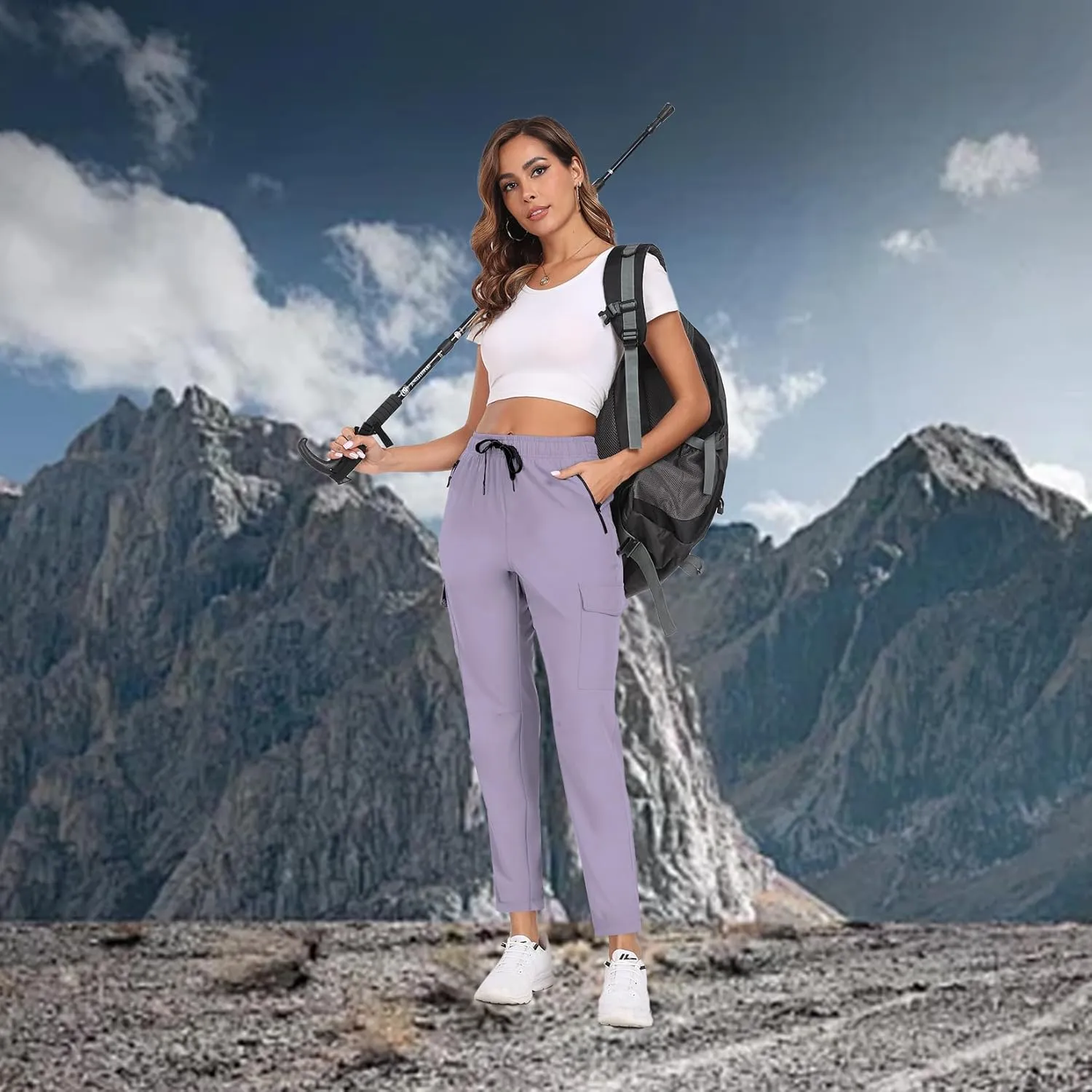 Hiking Pants for Women UPF 50  Cargo Quick Dry Water Resistant Elastic Waist Zip Pockets Travel Work Lightweight Running