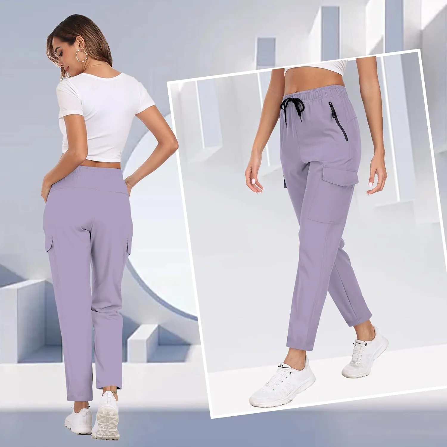 Hiking Pants for Women UPF 50  Cargo Quick Dry Water Resistant Elastic Waist Zip Pockets Travel Work Lightweight Running