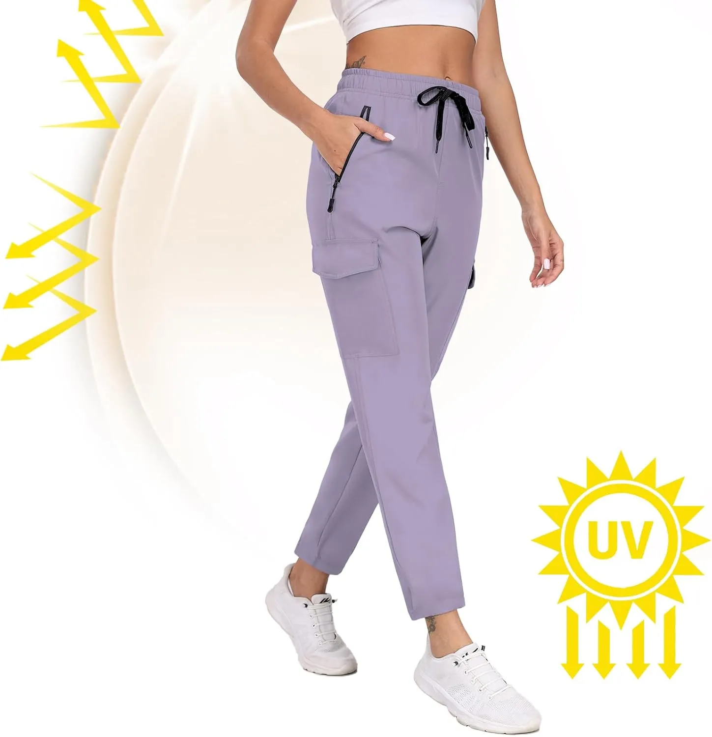Hiking Pants for Women UPF 50  Cargo Quick Dry Water Resistant Elastic Waist Zip Pockets Travel Work Lightweight Running