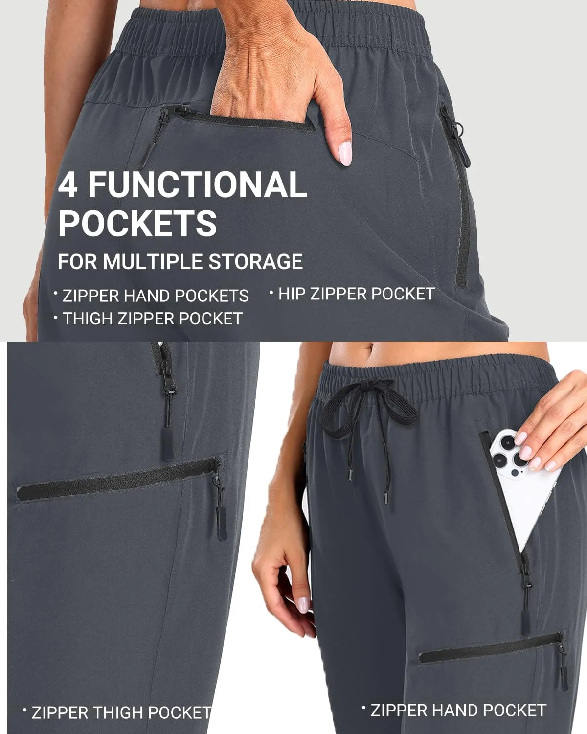 Holipick Women's Hiking Pants Lightweight Quick Dry Water Resistant Elastic Waist Outdoor Camping Travel Cargo Zipper Pockets