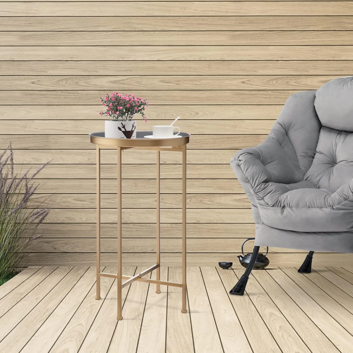 HollyHOME Small Round Metal Waterproof End Table, Accent Indoor&Outdoor Coffee Side Table, Snack Sofa Table for Living Room, Anti-Rust Decorative Plant Stand, (D) 14.5" x (H) 25", Gold/Grey