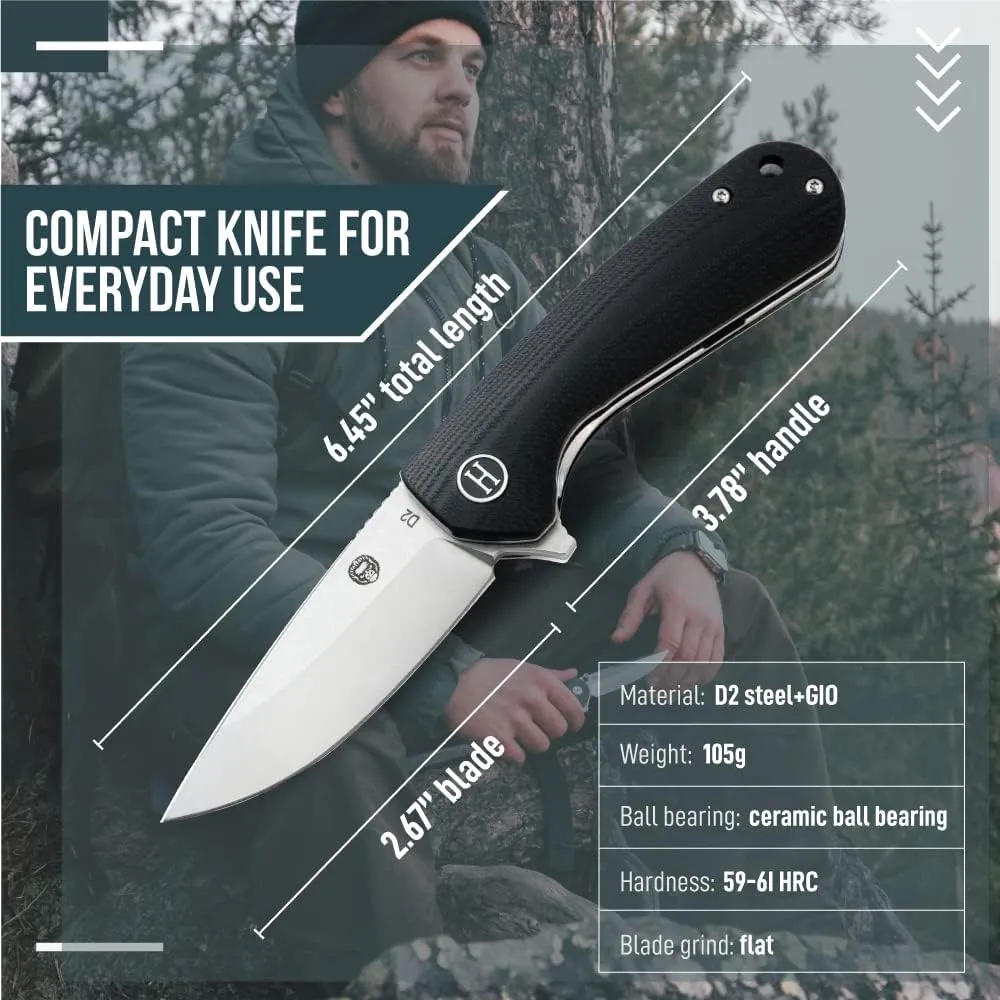 Holtzman's Gorilla Survival Wrangler Folding Knife with G10 Handle, D2 Steel Blade, Gift Box Set (Silver Black) - Great for Everyday Carry