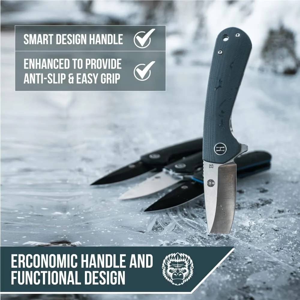 Holtzman's Gorilla Survival Wrangler Folding Knife with G10 Handle, D2 Steel Blade, Gift Box Set (Silver Black) - Great for Everyday Carry