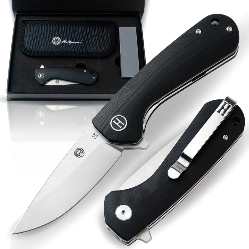 Holtzman's Gorilla Survival Wrangler Folding Knife with G10 Handle, D2 Steel Blade, Gift Box Set (Silver Black) - Great for Everyday Carry