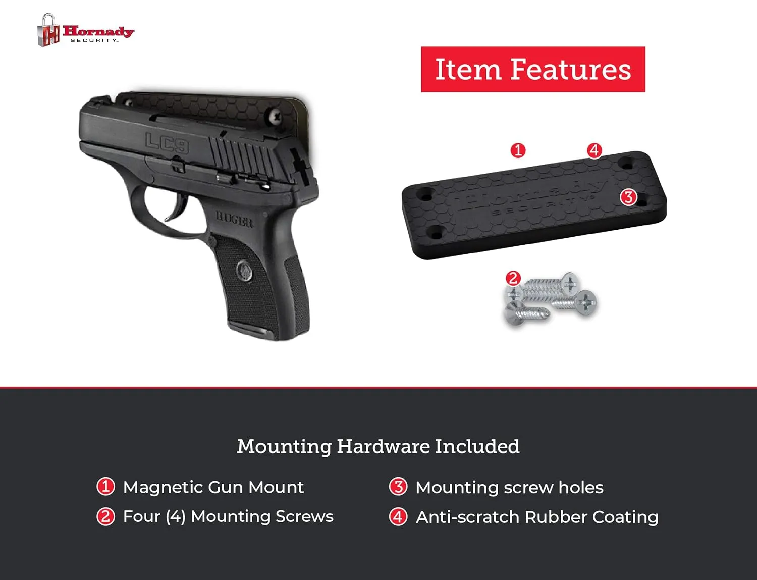 Hornady Magnetic Gun Mount 95910-Non-Scratch Rubber Coated Gun Magnet Mount for Pistols, Handguns, Revolvers, & Firearm Accessories - Magnetic Gun Holder Rated for 43 Pounds, Includes Mounting Screws