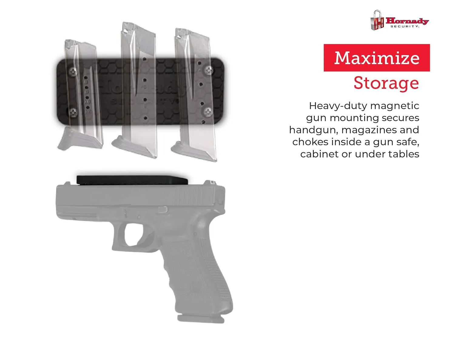 Hornady Magnetic Gun Mount 95910-Non-Scratch Rubber Coated Gun Magnet Mount for Pistols, Handguns, Revolvers, & Firearm Accessories - Magnetic Gun Holder Rated for 43 Pounds, Includes Mounting Screws