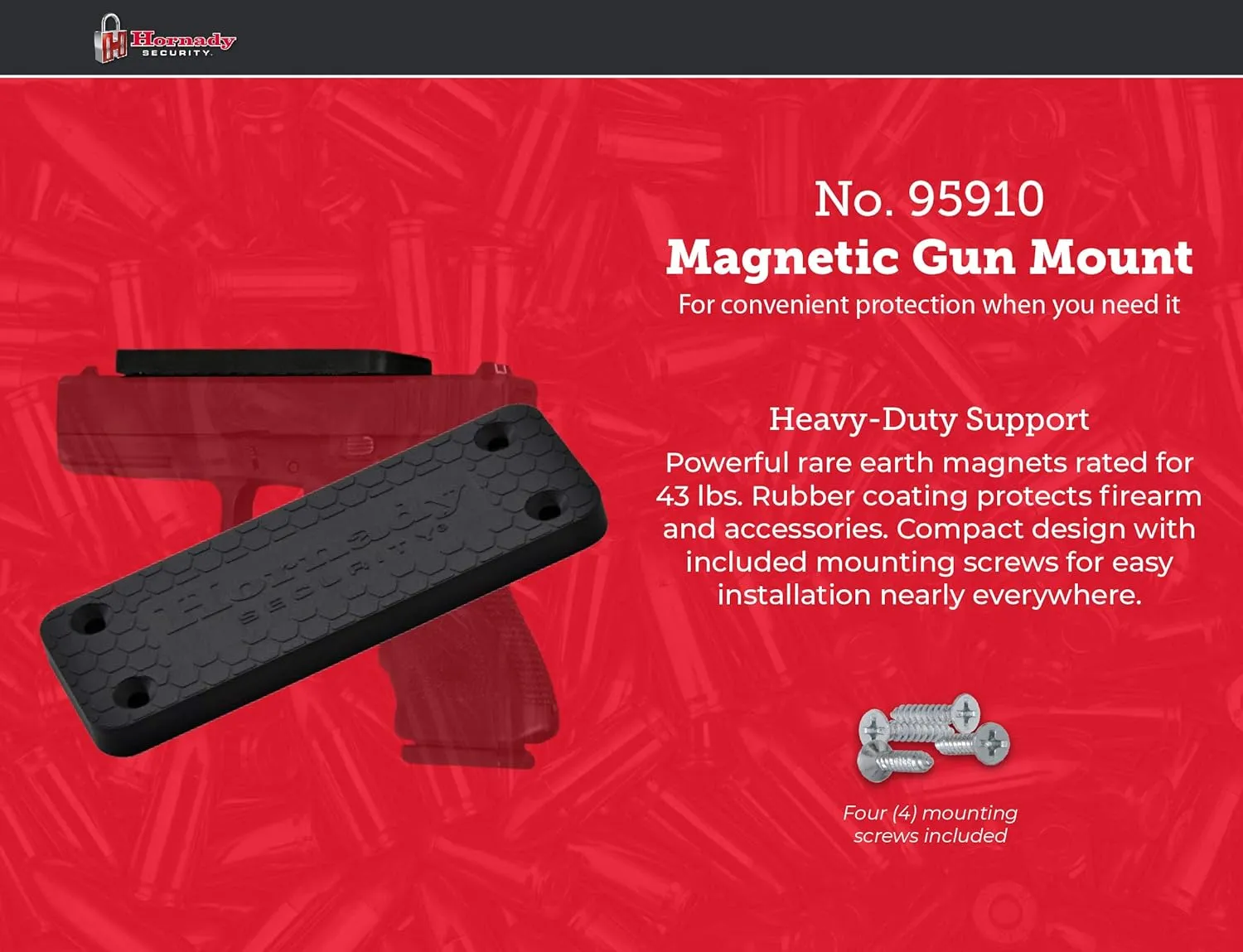 Hornady Magnetic Gun Mount 95910-Non-Scratch Rubber Coated Gun Magnet Mount for Pistols, Handguns, Revolvers, & Firearm Accessories - Magnetic Gun Holder Rated for 43 Pounds, Includes Mounting Screws