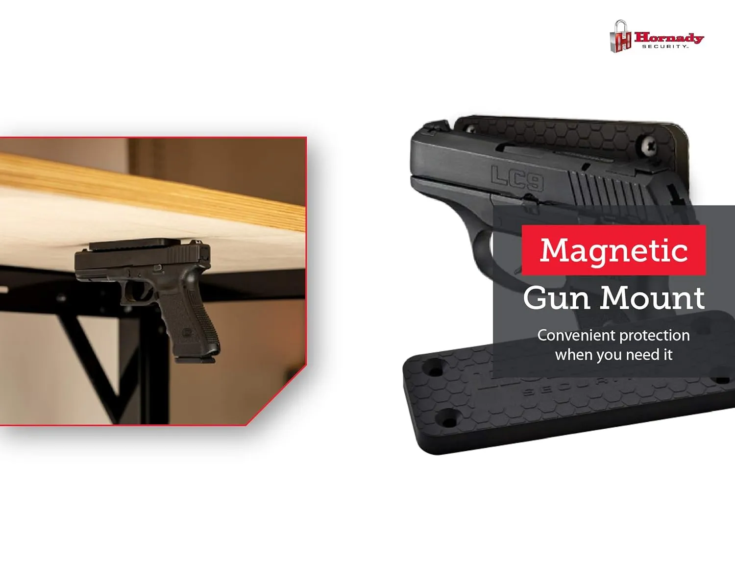Hornady Magnetic Gun Mount 95910-Non-Scratch Rubber Coated Gun Magnet Mount for Pistols, Handguns, Revolvers, & Firearm Accessories - Magnetic Gun Holder Rated for 43 Pounds, Includes Mounting Screws