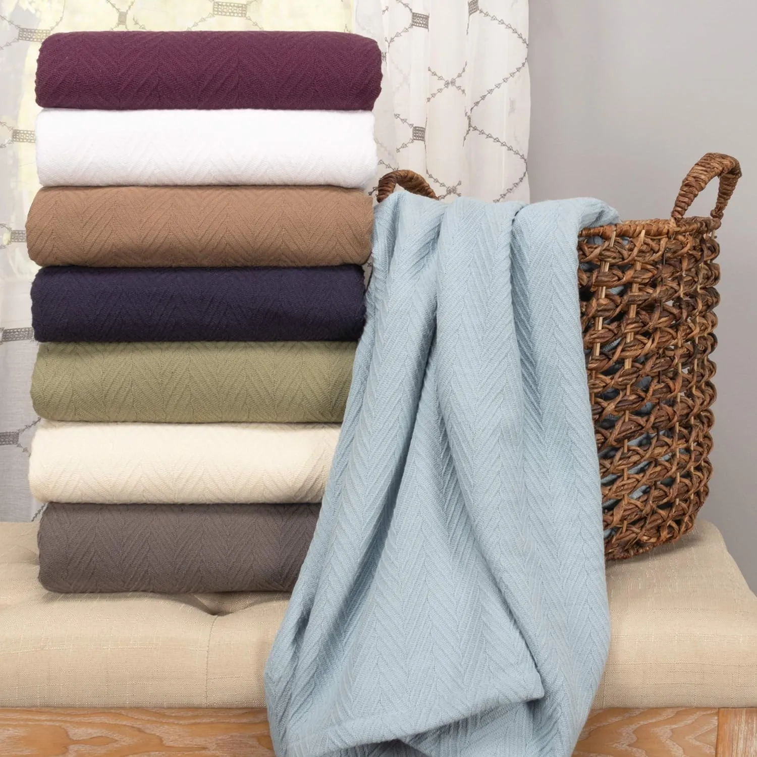 Hroo Collection Premium Thermal Blanket - Light Blue Woven Reversible Ultra-Soft and Warm Herringbone Blanket for Bed/Couch, King, 108" x 90" - 100% Cotton