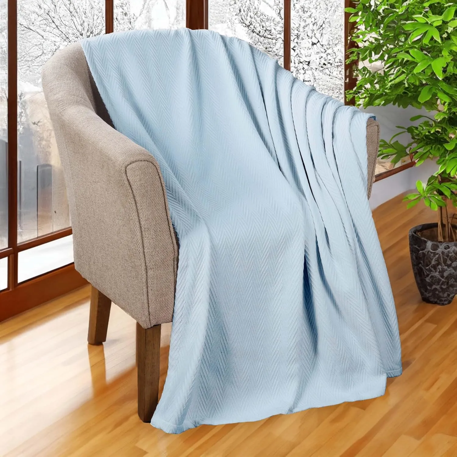 Hroo Collection Premium Thermal Blanket - Light Blue Woven Reversible Ultra-Soft and Warm Herringbone Blanket for Bed/Couch, King, 108" x 90" - 100% Cotton