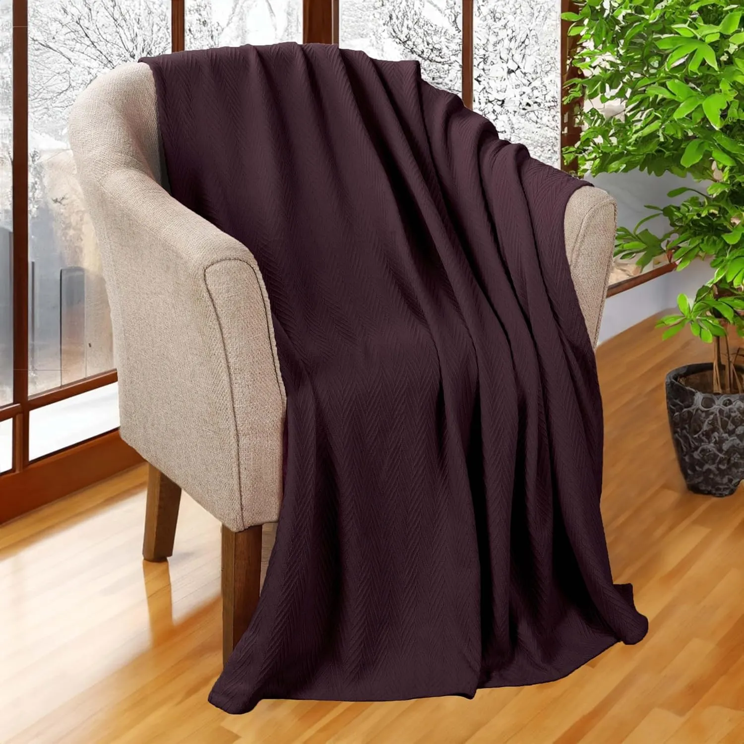 Hroo Collection Premium Thermal Blanket - Plum Woven Reversible Ultra-Soft and Warm Herringbone Blanket for Bed/Couch, King, 108" x 90" - 100% Cotton