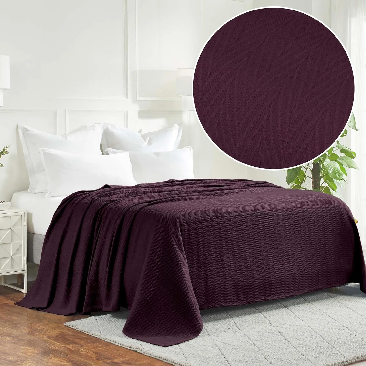 Hroo Collection Premium Thermal Blanket - Plum Woven Reversible Ultra-Soft and Warm Herringbone Blanket for Bed/Couch, King, 108" x 90" - 100% Cotton