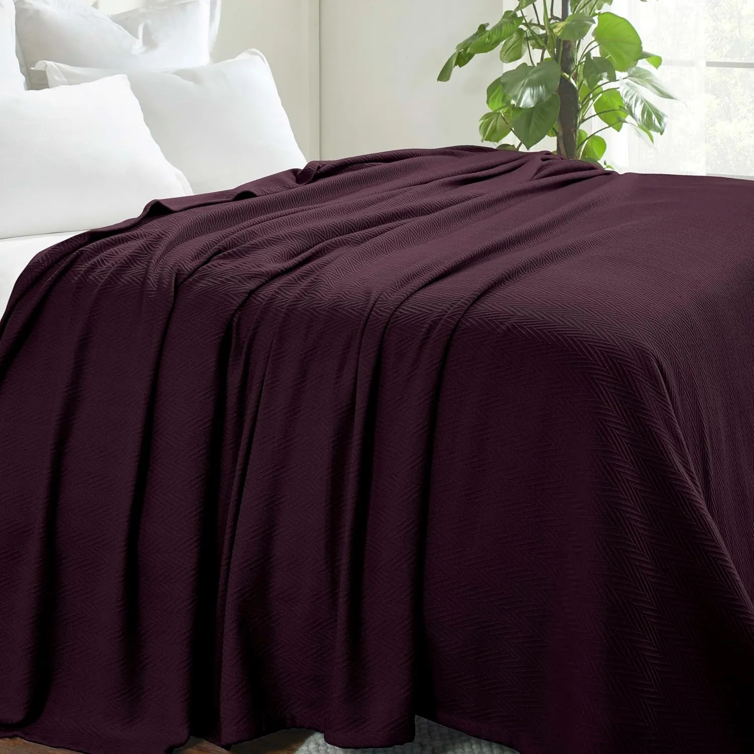 Hroo Collection Premium Thermal Blanket - Plum Woven Reversible Ultra-Soft and Warm Herringbone Blanket for Bed/Couch, King, 108" x 90" - 100% Cotton