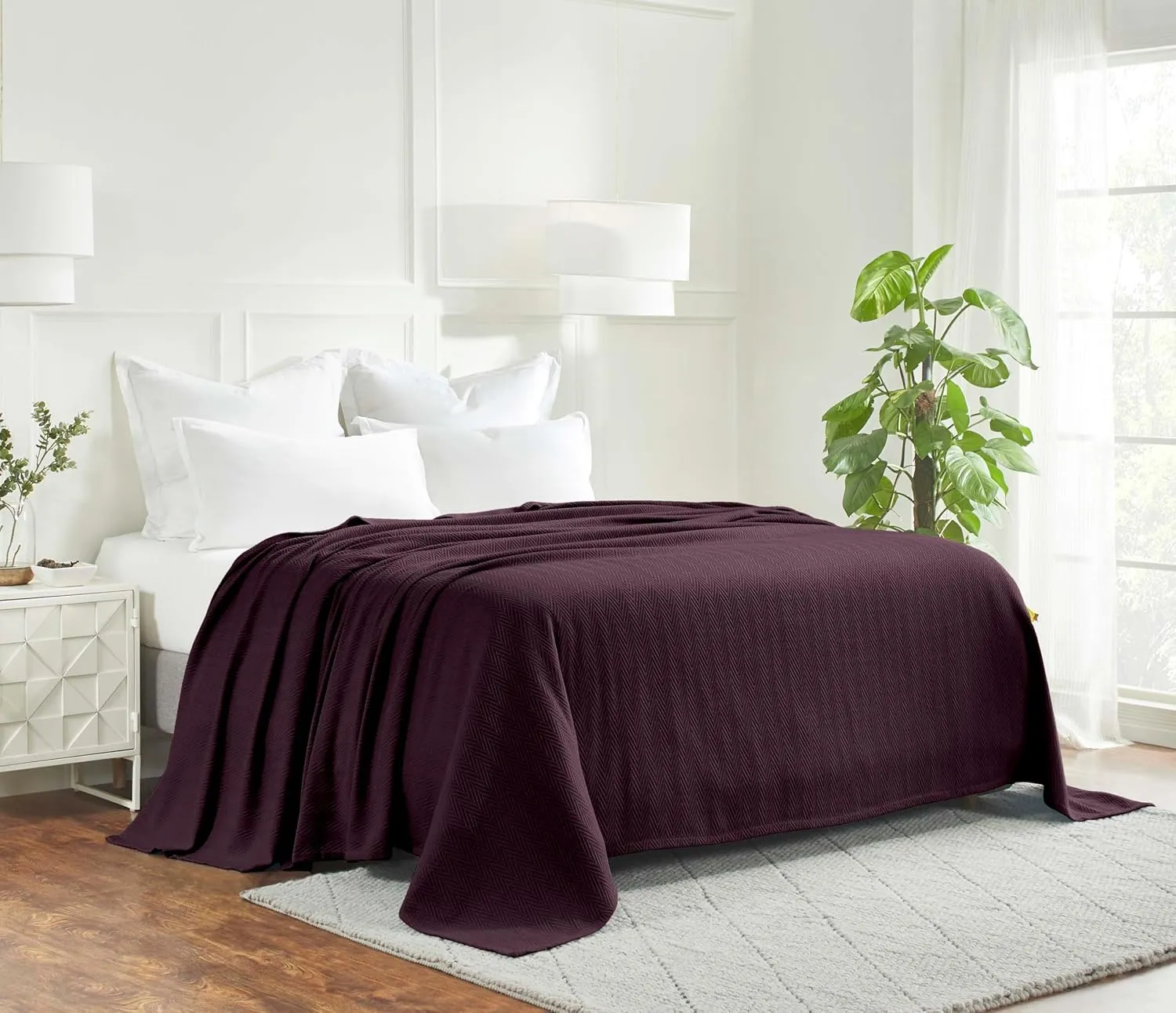 Hroo Collection Premium Thermal Blanket - Plum Woven Reversible Ultra-Soft and Warm Herringbone Blanket for Bed/Couch, King, 108" x 90" - 100% Cotton