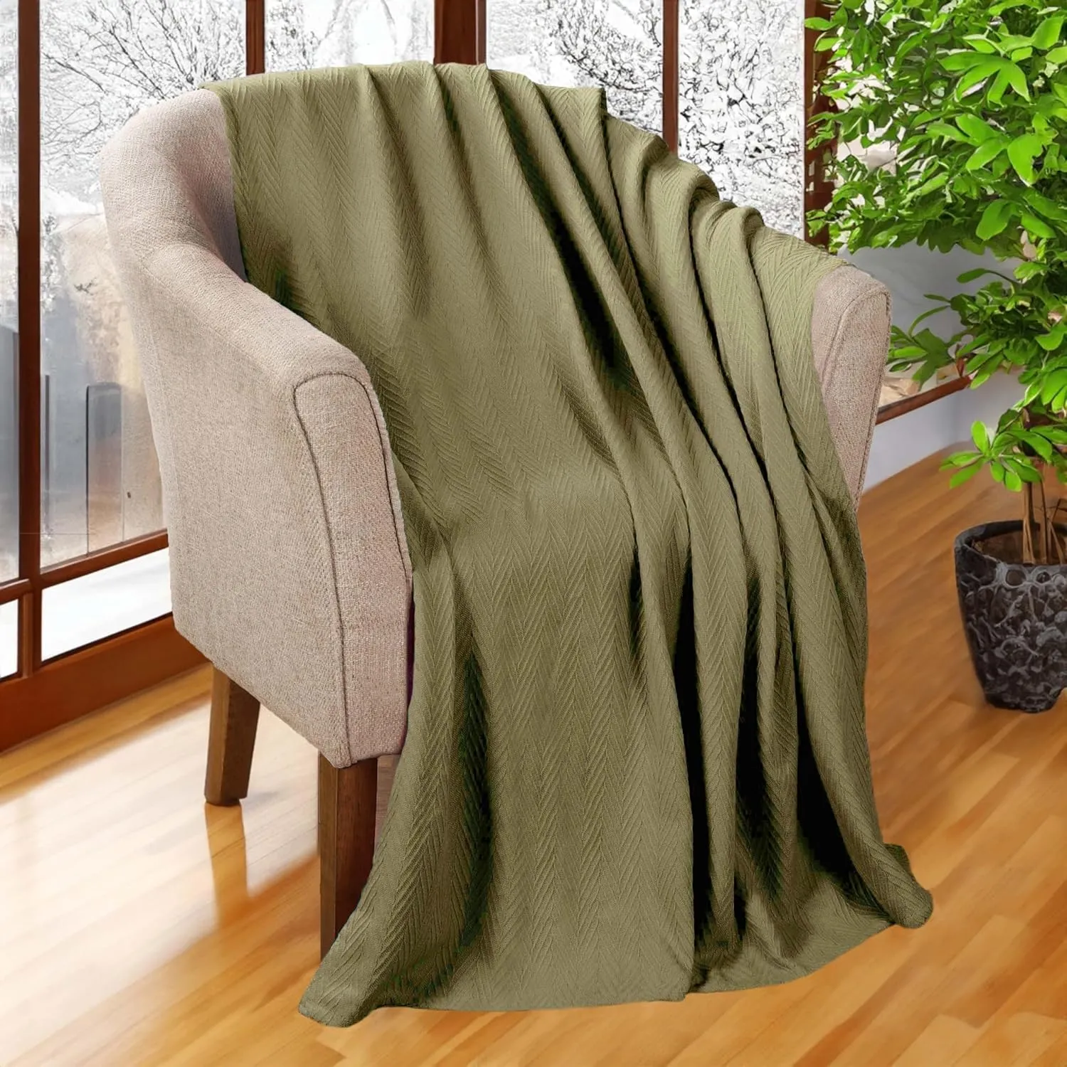 Hroo Collection Premium Thermal Blanket - Sage Woven Reversible Ultra-Soft and Warm Herringbone Blanket for Bed/Couch, King, 108" x 90" - 100% Cotton