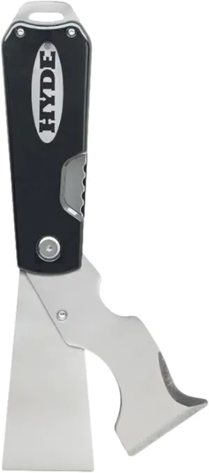 Hyde Dual Blade Folding Painter's Tool 5-In-1 Stainless Steel Folds Closed, Flex 1-1/2 Inch, Cleans Rollers, Spreads Compound, Scrapes, Cleans Out Cracks, Opens Cans and Boxes,Black