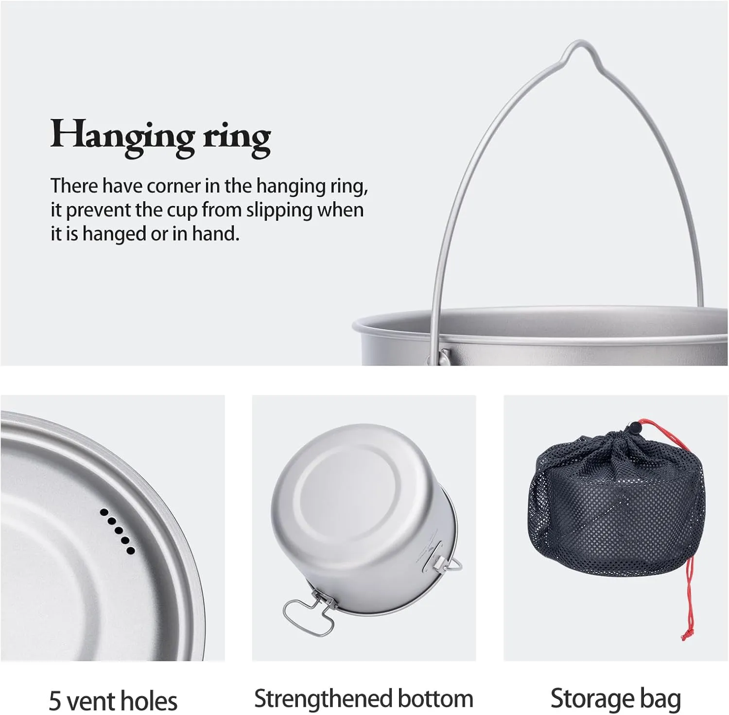 iBasingo Titanium Camping Pot with Lid 2.9L Ultralight Backpacking Cookware with Foldable Handle for Hiking, Picnic & Outdoor Durable Portable Metal Cooking Ti Hanging Pot Ti2045C
