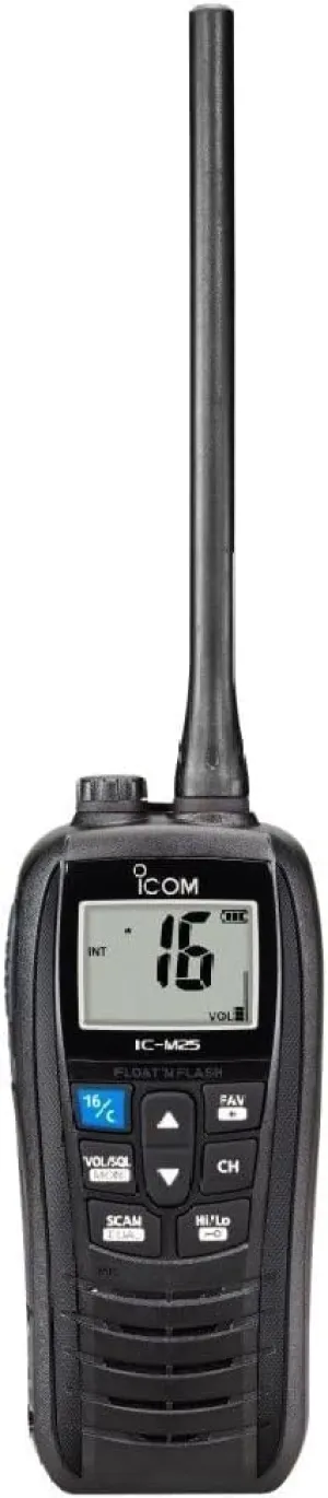 ICOM M25 Black VHF Marine Radio | Waterproof | Compact Design | 5W Power Output | Clear Communication | Long Battery Life