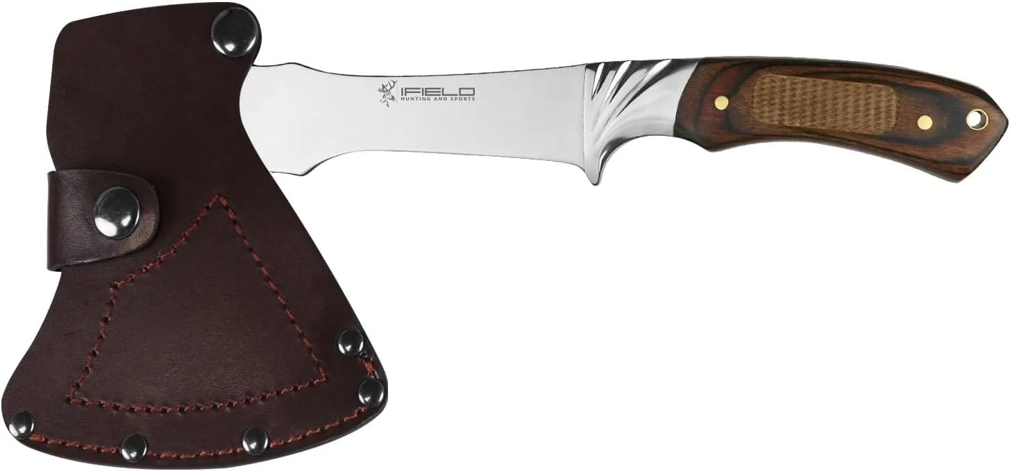 iFIELD Survival Axe Camper Sports Axe, 6.6 inch Stainless Steel Blade, Total 11.4 inch, with Leather Sheath, Camping Tool for Fishing, Hunting, Sport Activity.