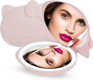 Impressions Vanity Hello Kitty Kawaii Compact Mirror with Touch Sensor Switch for Adjustable Brightness, Lighted Makeup Mirror with LED Lights and 2X Magnifying Mirror (Matte Pink)