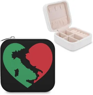 Italy Flag Colors Heart with Italy Map Small Jewelry Box Necklace Ring Storage Organizer Travel Jewelry Case for Women Gift