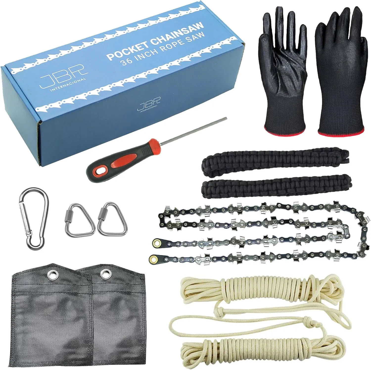 JBR INTERNACIONAL - Rope Saw Pocket Chainsaw 36 INCH - Special for Camping and Survival - Backpacking Gear - Wire Saw and Camp Saw Kit - Sharp double-sided teeth, Black