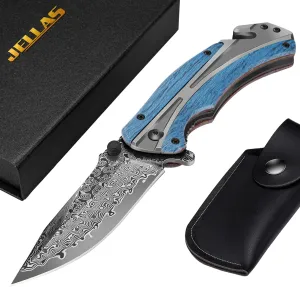 Jellas Damascus Steel Pocket Folding Knife for Hunting Camping Fishing, 3.7" Blade, Tactical Folding Knives for Men and Women, Blue