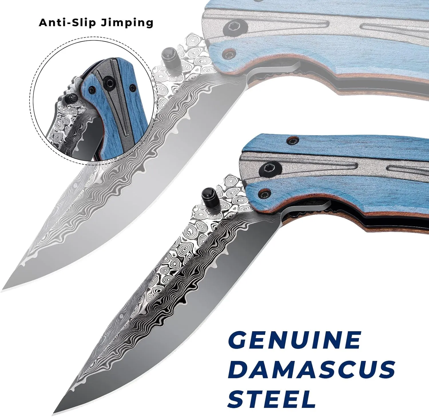 Jellas Damascus Steel Pocket Folding Knife for Hunting Camping Fishing, 3.7" Blade, Tactical Folding Knives for Men and Women, Blue
