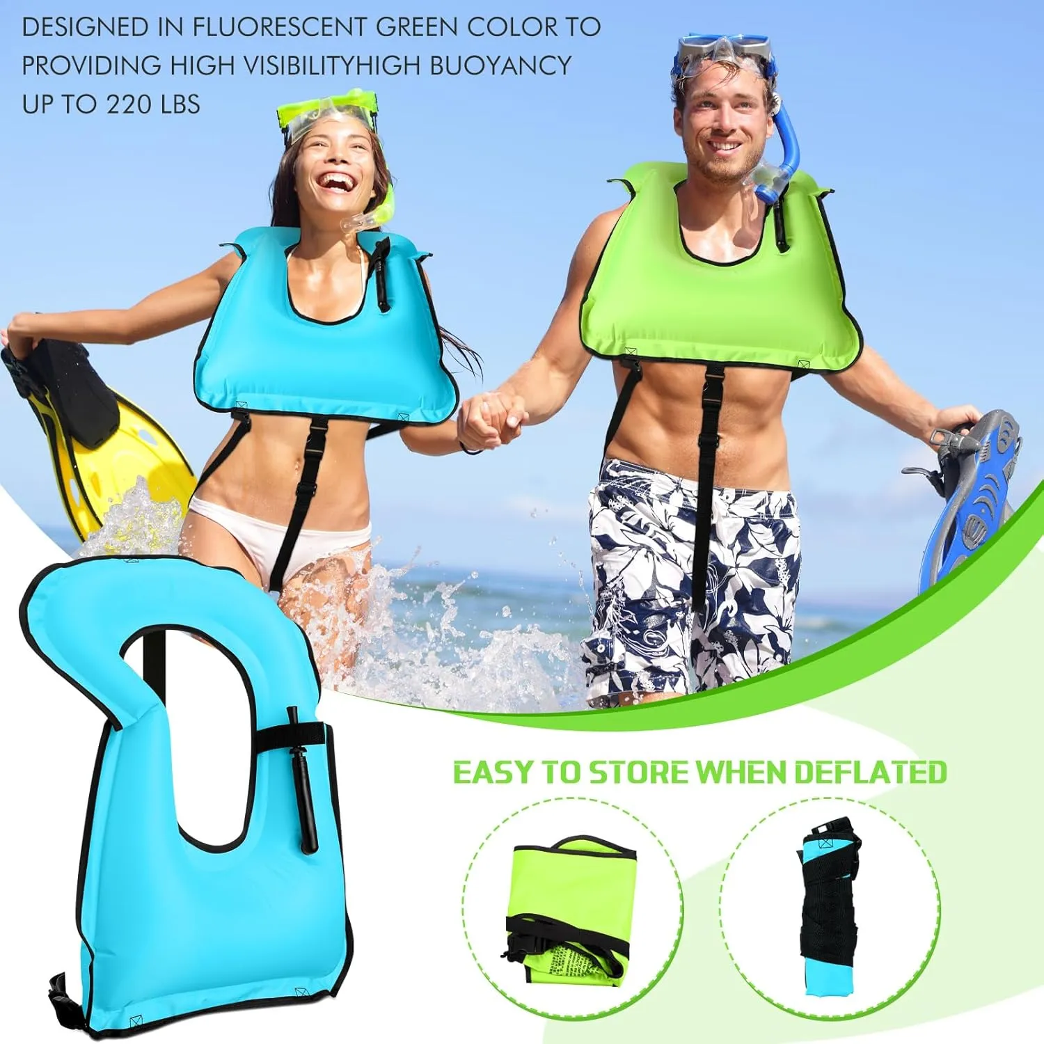 Jerify 4 Pcs Inflatable Snorkel Vest Adults, Portable Swim Vest Jackets, Adjustable Kayaking Jackets Safety Vests for Snorkeling Swimming Diving Surfing