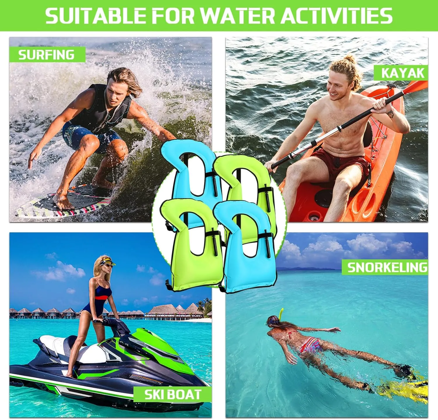Jerify 4 Pcs Inflatable Snorkel Vest Adults, Portable Swim Vest Jackets, Adjustable Kayaking Jackets Safety Vests for Snorkeling Swimming Diving Surfing