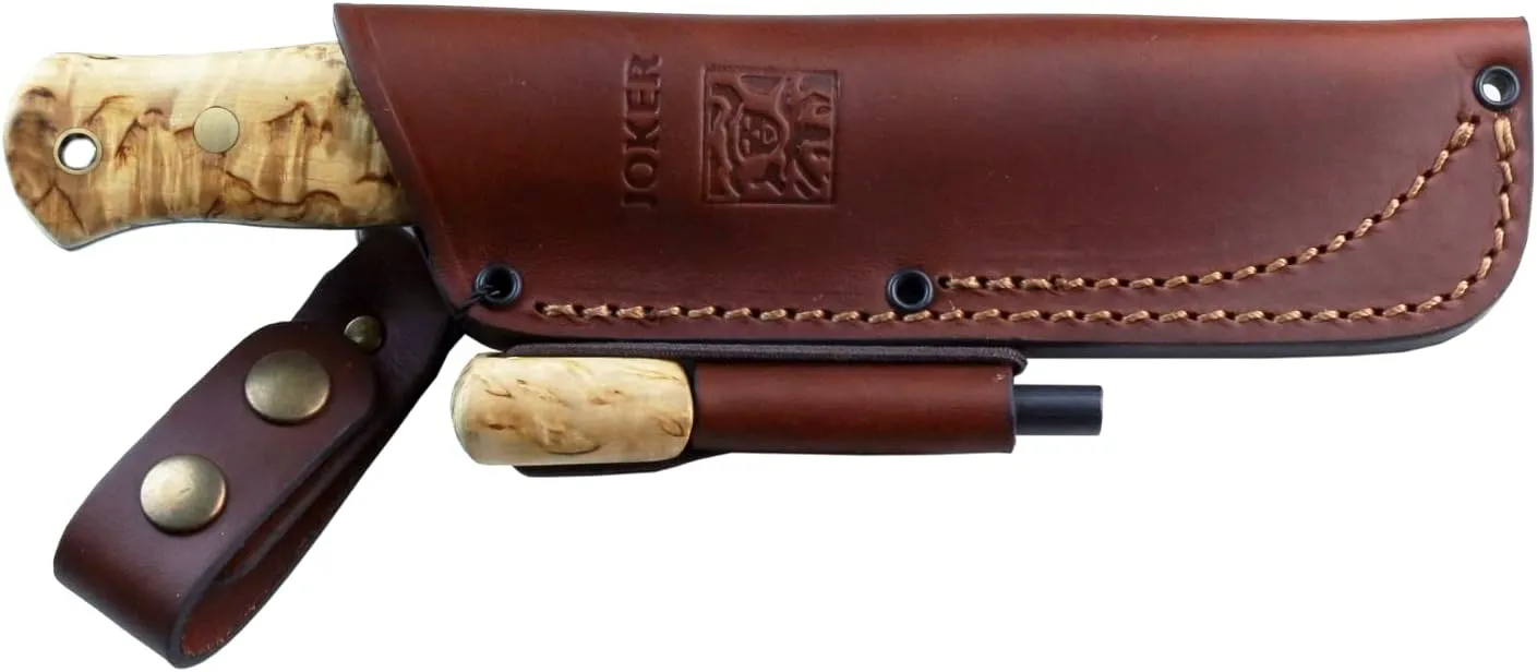 Joker Full Tang Scandi Bushlord 138 Hunting Knife, Curly Birch and Walnut Handle, 4.5-inch Blade, with Brown Leather Sheath, Fishing, Hunting, Camping, and Hiking Tool. (Curly Birch Wood, Leather Sheath with FireStarter)