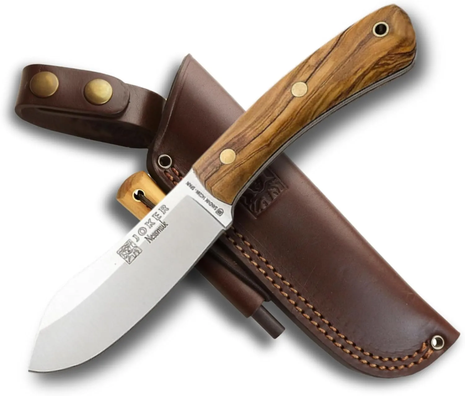 Joker Nessmuk CO136-P Bushcraf and survival Knife, 11cm/4.3in Sandvik 14C28N Blade with Flat Grinding, for Fishing, Hunting, Camping and Hiking Tool (Olive Wood,  FireStarter)
