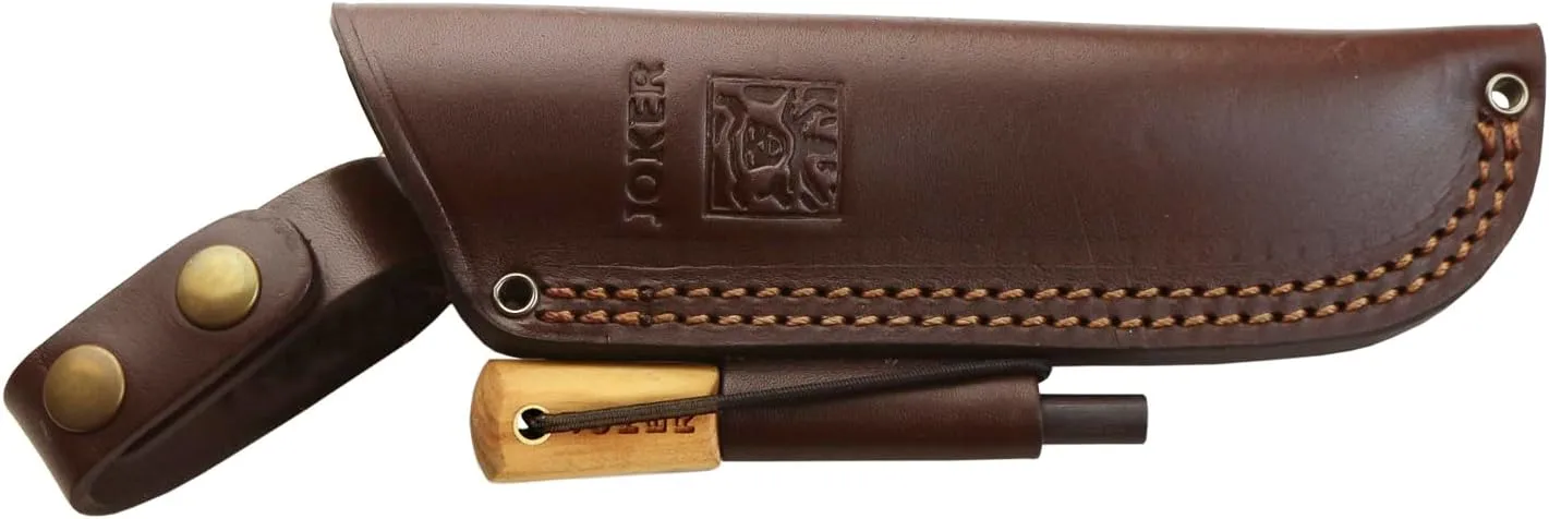 Joker Nessmuk CO136-P Bushcraf and survival Knife, 11cm/4.3in Sandvik 14C28N Blade with Flat Grinding, for Fishing, Hunting, Camping and Hiking Tool (Olive Wood,  FireStarter)