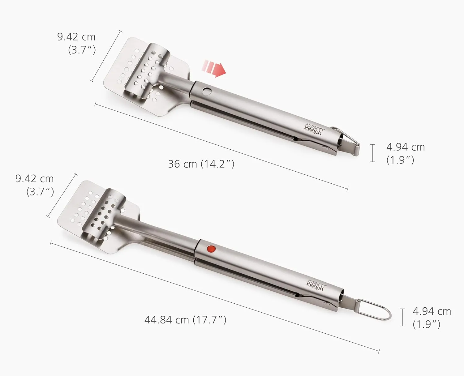 Joseph Joseph GrillOut Stainless Steel BBQ Turner Tongs, 2-in-1 with Retractable Head for Compact Storage, Easy-clean