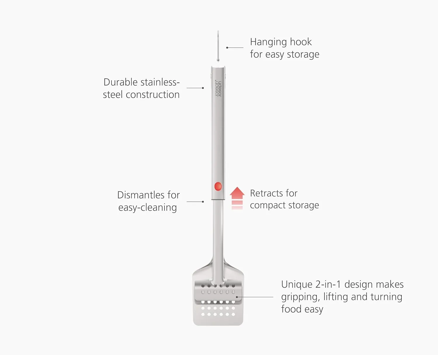 Joseph Joseph GrillOut Stainless Steel BBQ Turner Tongs, 2-in-1 with Retractable Head for Compact Storage, Easy-clean