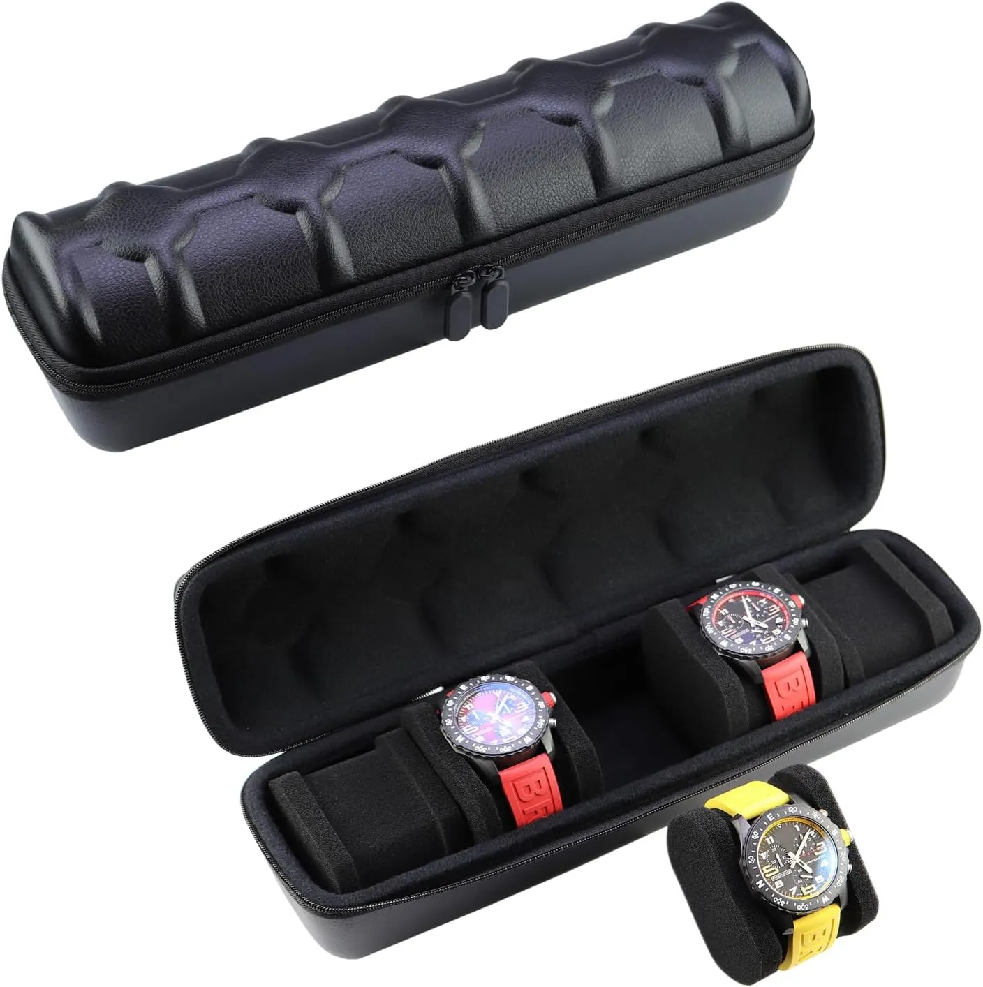 Juntan 5 Slots Hard Watch Travel Case, Portable PU Leather Zipper Storage Organizer Box for Men Women with Soft Compressible Foam Pillow Black