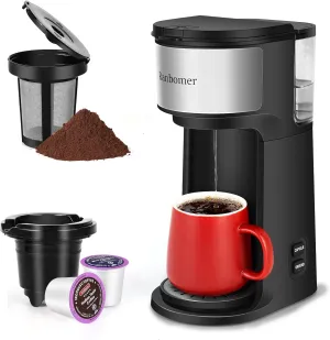 K Cup Coffee Maker, Single Serve coffee machine or Ground Coffee Machine 2 in 1, 6 to 14 Oz Brew Sizes, Mini One Cup Coffee Maker with Self cleaning Function, Fits Travel Mug, Black