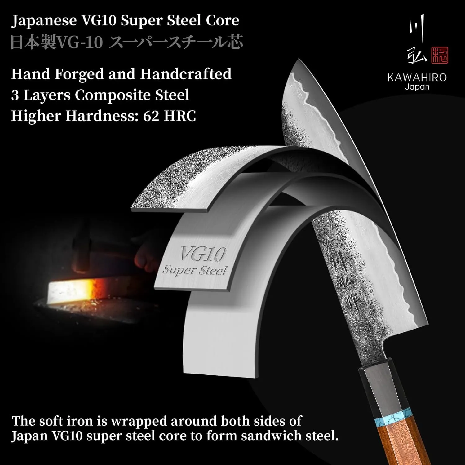 KAWAHIRO 7 inch Japanese Santoku Chef Knife, VG10 Stainless Steel Kitchen Cooking Knife, Professional Hand Forged Chef's Knives Exotic Wood Handle, Exquisite Wooden Gift Box