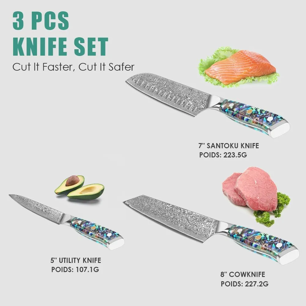 KEENZO Damascus chef knife set 3 pcs,Professional kitchen knives set,Chef Kiritsuke Utility Knives 3pcs,kitchen knife set,Japanese hand forged VG-10 steel cooking knife set