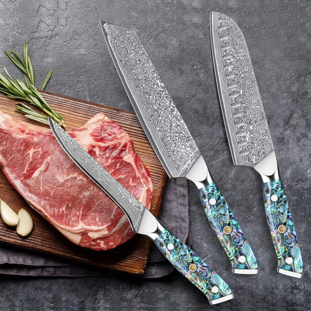 KEENZO Damascus chef knife set 3 pcs,Professional kitchen knives set,Chef Kiritsuke Utility Knives 3pcs,kitchen knife set,Japanese hand forged VG-10 steel cooking knife set