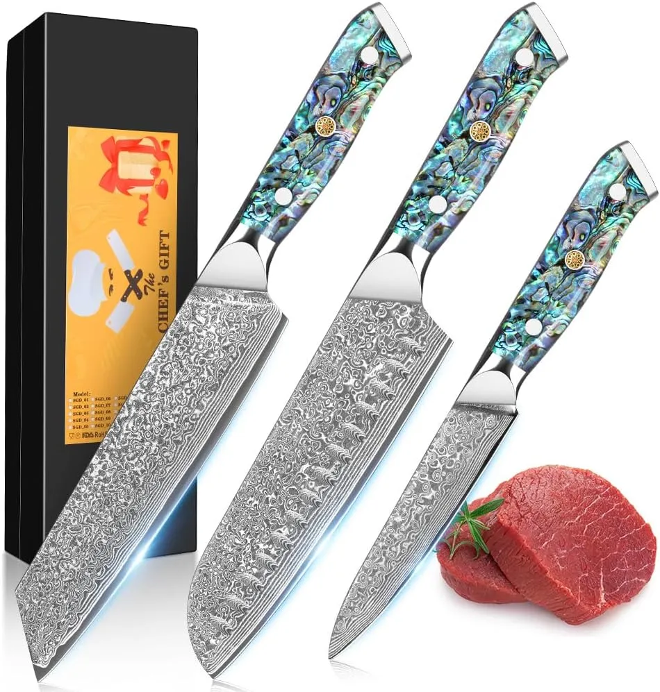 KEENZO Damascus chef knife set 3 pcs,Professional kitchen knives set,Chef Kiritsuke Utility Knives 3pcs,kitchen knife set,Japanese hand forged VG-10 steel cooking knife set