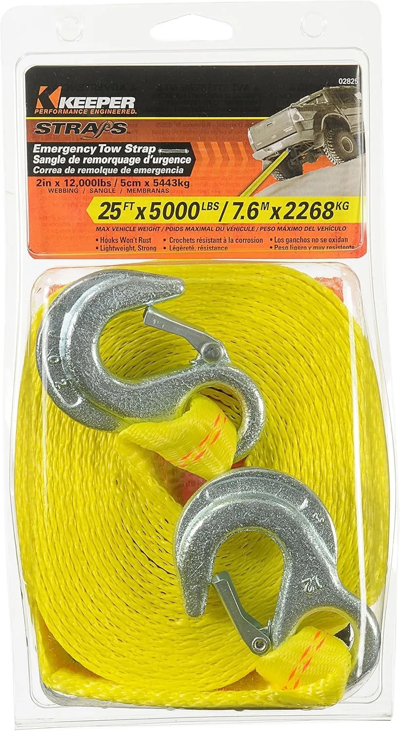 KEEPER Tow Straps Heavy Duty with Hooks - 2" x 25' Towing and Recovery Strap, 12,000 lbs Break Strength - Durable Zinc-Plated Hooks for Emergency Towing of Cars and Trucks