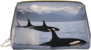 Killer Whales Swim Along Leather Toiletry Travel Bag, Compact Makeup Organizer For Women