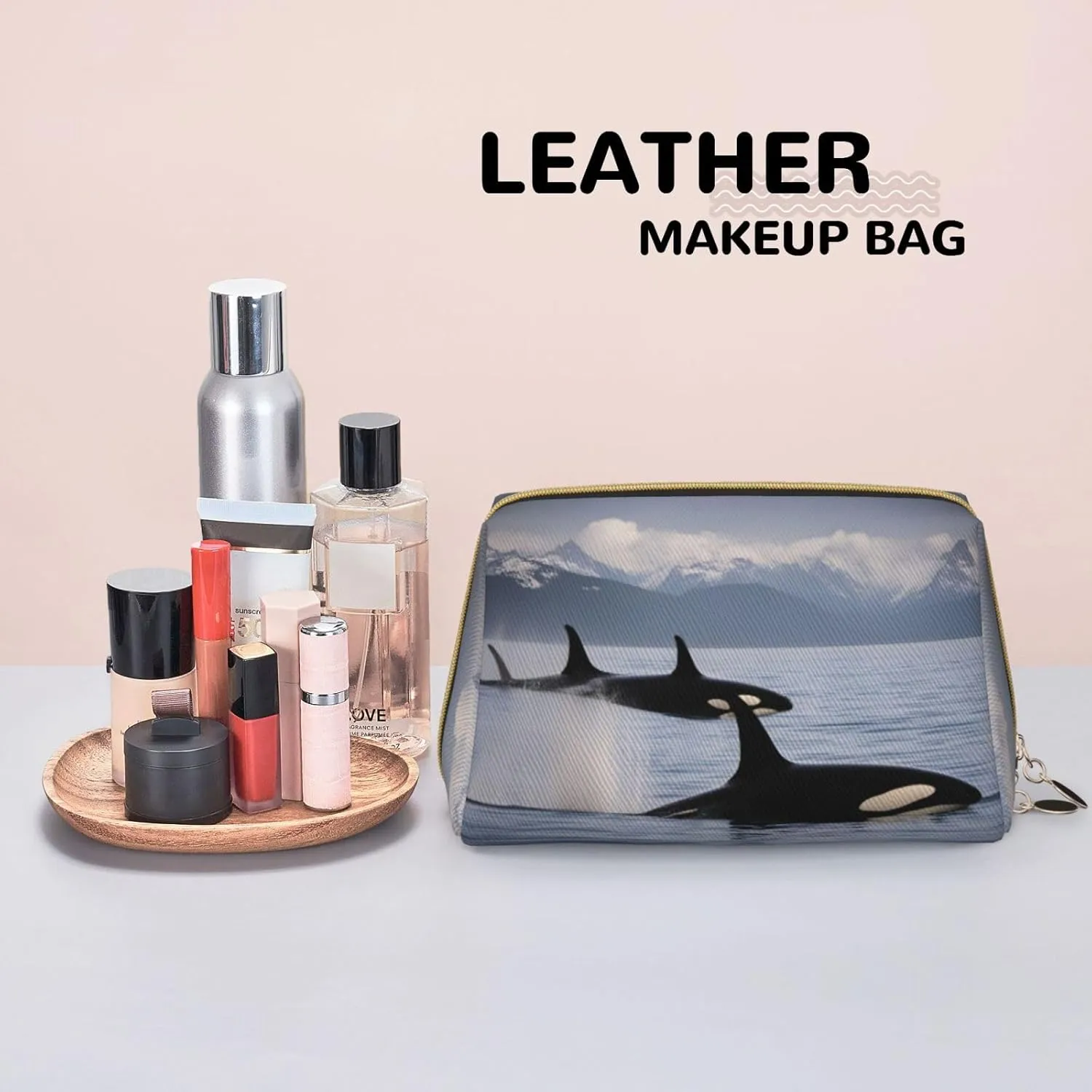 Killer Whales Swim Along Leather Toiletry Travel Bag, Compact Makeup Organizer For Women